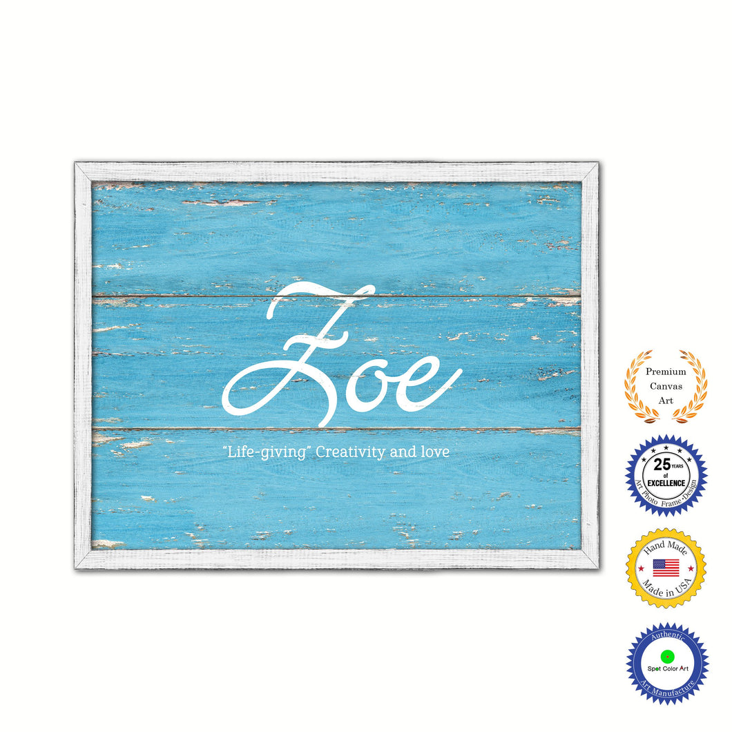 Zoe Name Plate White Wash Wood Frame Canvas Print Boutique Cottage Decor Shabby Chic