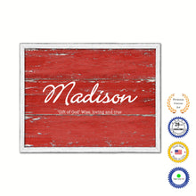 Load image into Gallery viewer, Madison Name Plate White Wash Wood Frame Canvas Print Boutique Cottage Decor Shabby Chic
