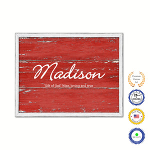 Madison Name Plate White Wash Wood Frame Canvas Print Boutique Cottage Decor Shabby Chic