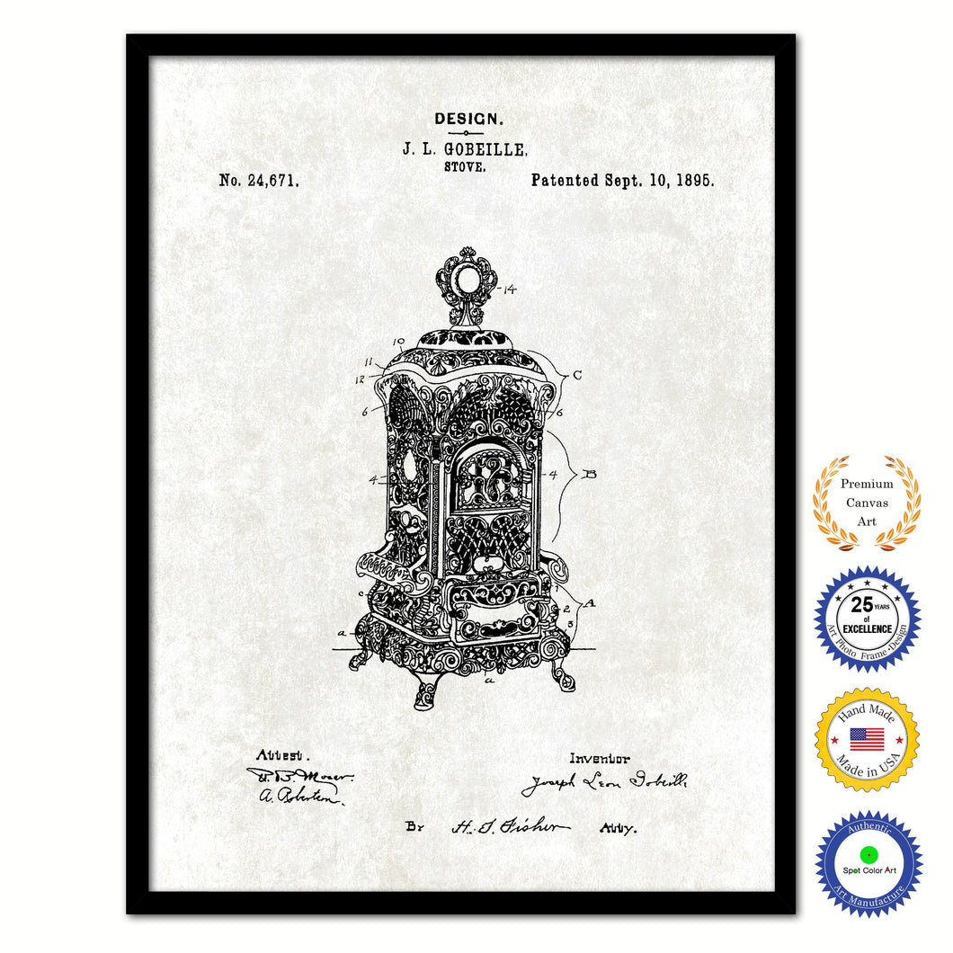 1895 Stove Old Patent Art Print on Canvas Custom Framed Vintage Home Decor Wall Decoration Great for Gifts