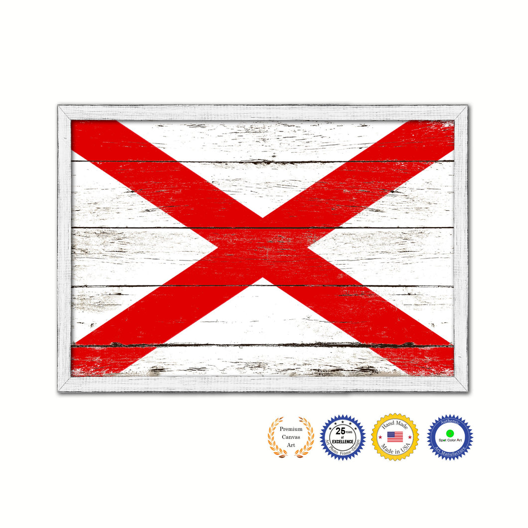 Alabama State Flag Shabby Chic Gifts Home Decor Wall Art Canvas Print, White Wash Wood Frame