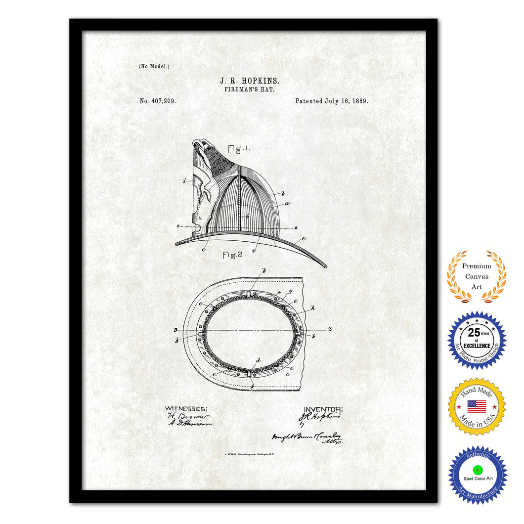 1889 Firefighter Fireman's Hat Vintage Patent Artwork Black Framed Canvas Print Home Office Decor Great for Firefighter Fireman Firewoman