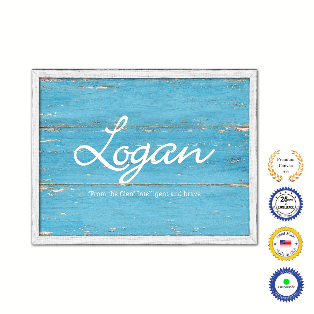 Logan Name Plate White Wash Wood Frame Canvas Print Boutique Cottage Decor Shabby Chic