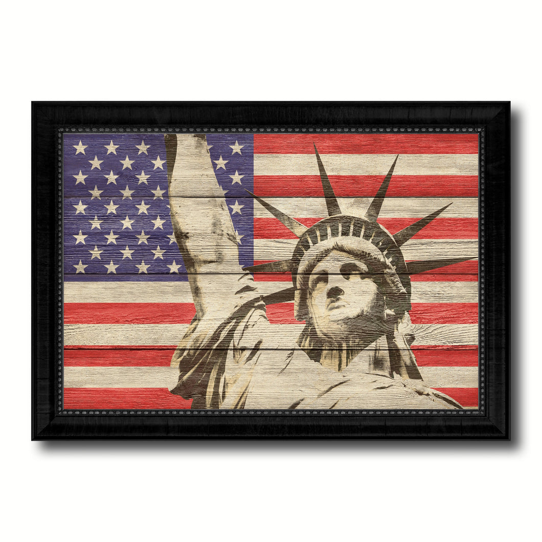Statue of Liberty American Flag Texture Canvas Print with Black Picture Frame Home Decor Man Cave Wall Art Collectible Decoration Artwork Gifts