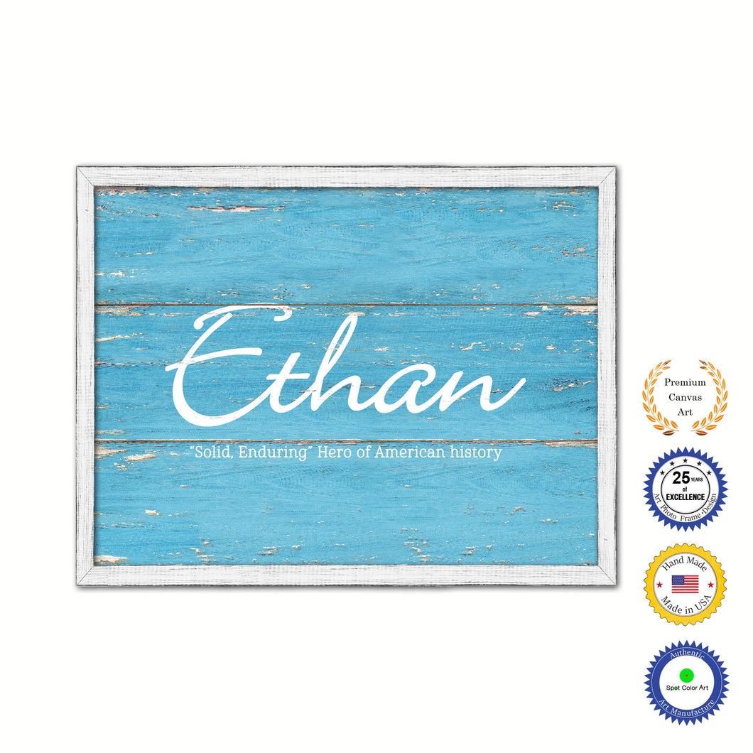 Ethan Name Plate White Wash Wood Frame Canvas Print Boutique Cottage Decor Shabby Chic