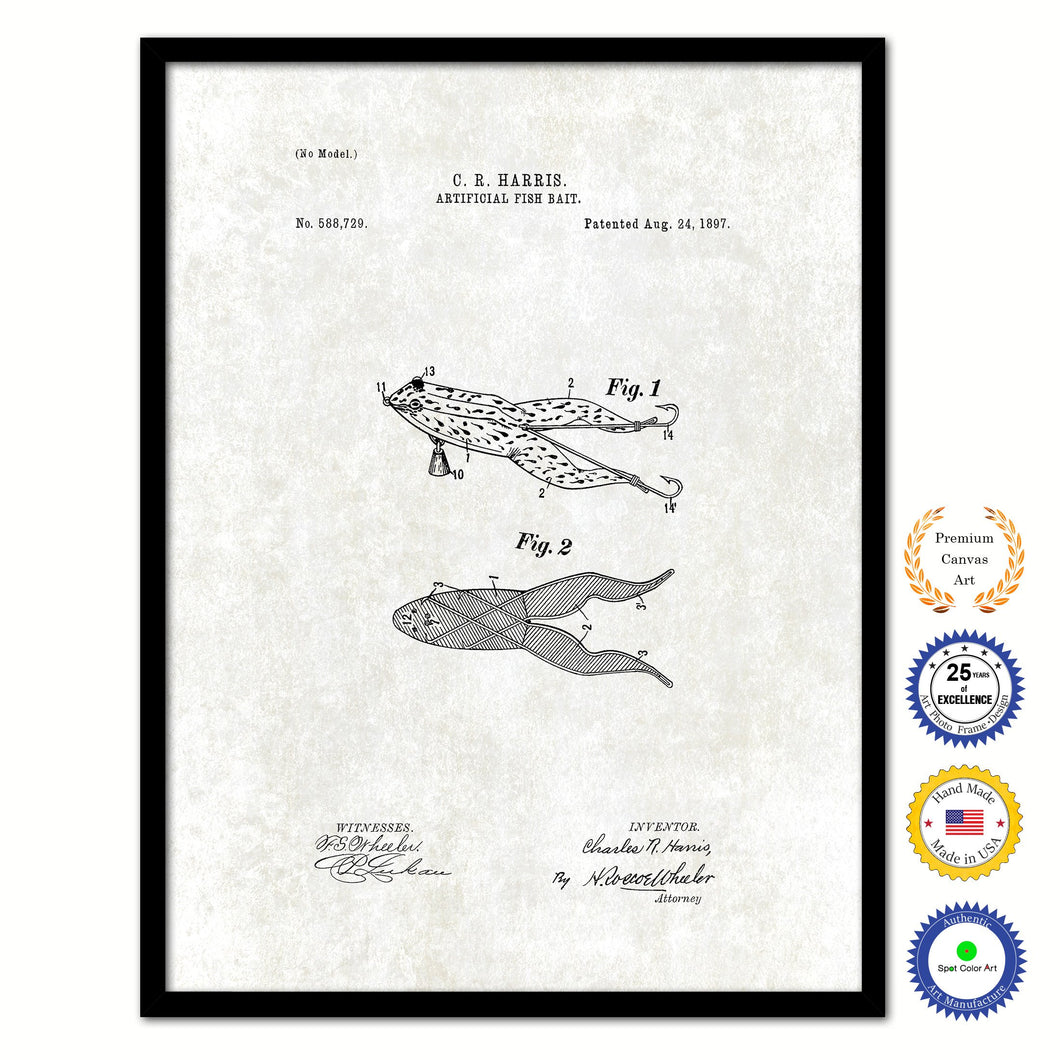 1897 Fishing Artificial Fish Bait Vintage Patent Artwork Black Framed Canvas Print Home Office Decor Great for Fisherman Cabin Lake House