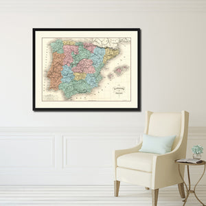 Spain Portugal Vintage Antique Map Wall Art Home Decor Gift Ideas Canvas Print Custom Picture Frame