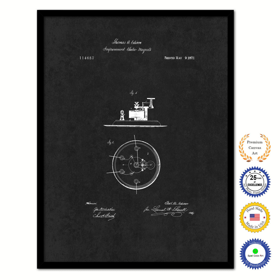 1871 Thomas Edison Improvement in Electro Magnets Vintage Patent Artwork Black Framed Canvas Home Office Decor Great for Thomas Edison Lover Electrician Inventor