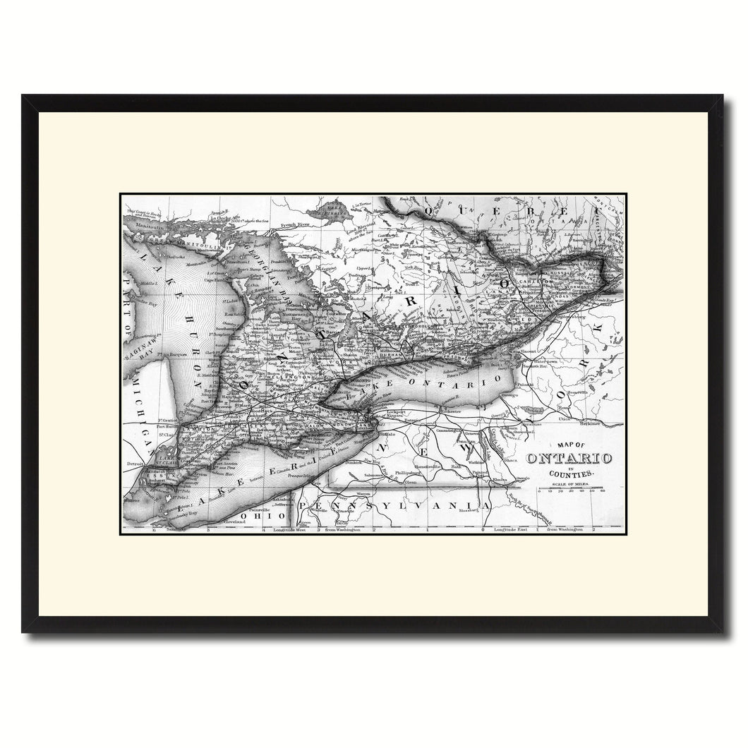 Ontario Canada Vintage B&W Map Canvas Print, Picture Frame Home Decor Wall Art Gift Ideas