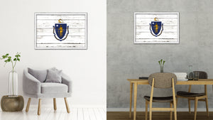 Massachusetts State Flag Shabby Chic Gifts Home Decor Wall Art Canvas Print, White Wash Wood Frame