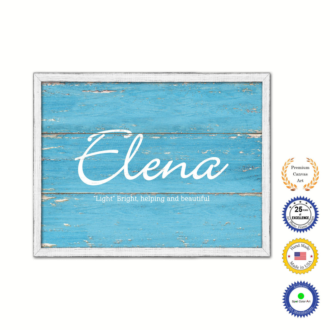 Elena Name Plate White Wash Wood Frame Canvas Print Boutique Cottage Decor Shabby Chic