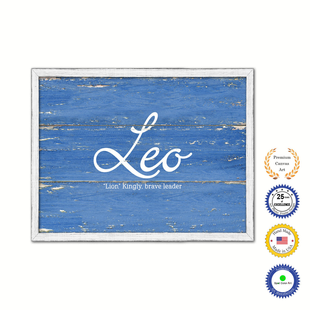 Leo Name Plate White Wash Wood Frame Canvas Print Boutique Cottage Decor Shabby Chic