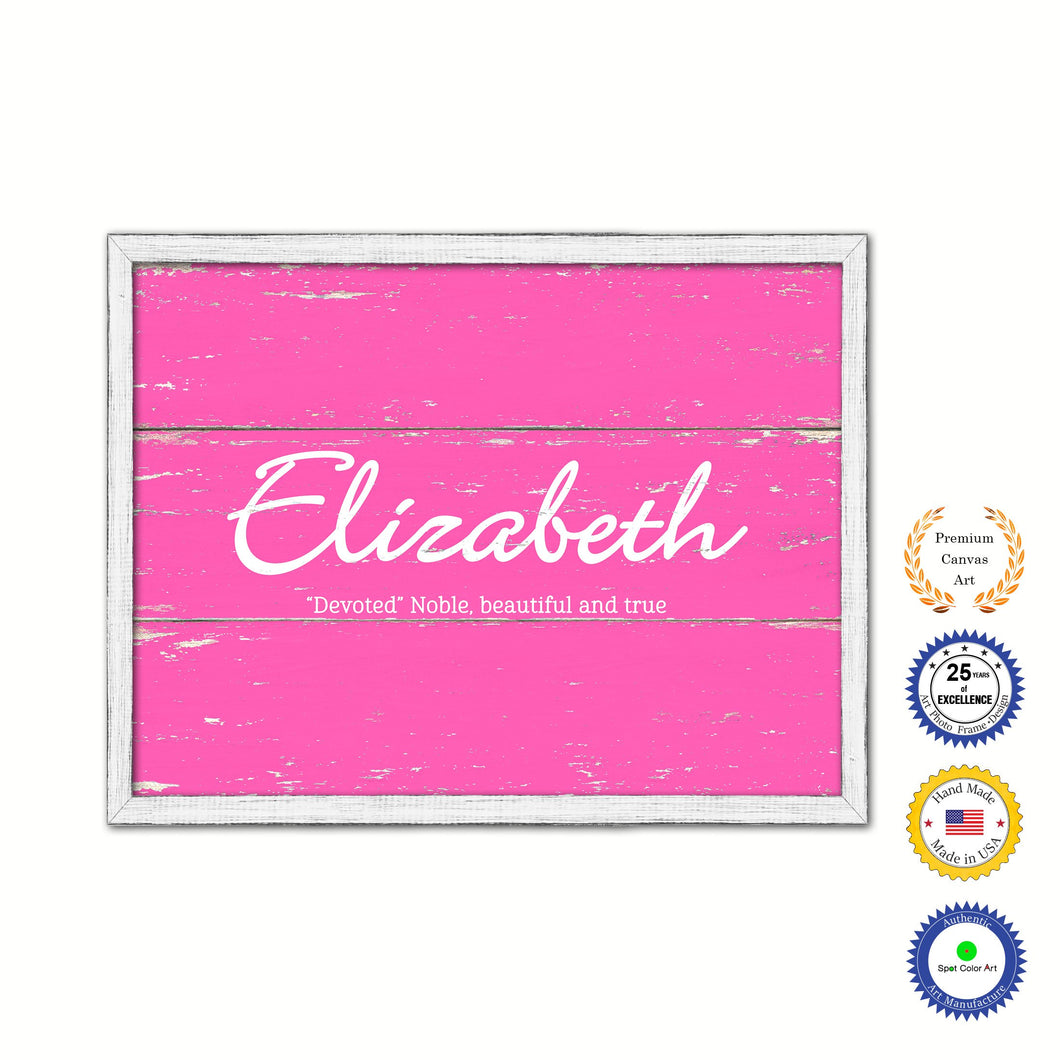 Elizabeth Name Plate White Wash Wood Frame Canvas Print Boutique Cottage Decor Shabby Chic