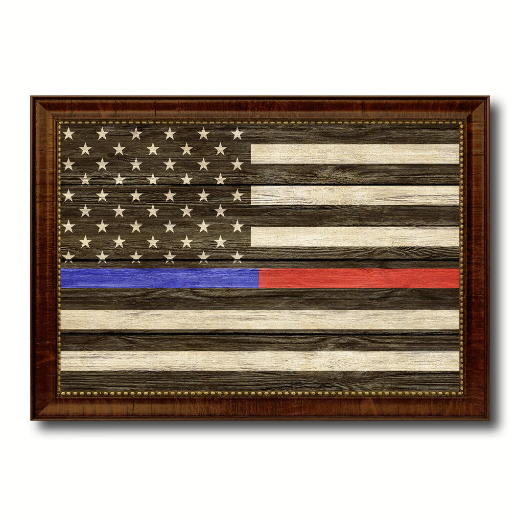 Thin Blue Line Police & Thin Red Line Firefighter Respect & Honor Law Enforcement First Responder American USA Flag Texture Canvas Print with Picture Frame Home Decor Wall Art