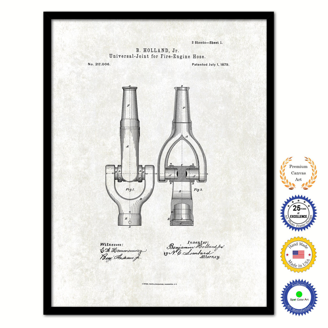 1879 Firefighter Universal Joint for Fire Engine Hose Vintage Patent Artwork Black Framed Canvas Print Home Office Decor Great for Firefighter Fireman Firewoman