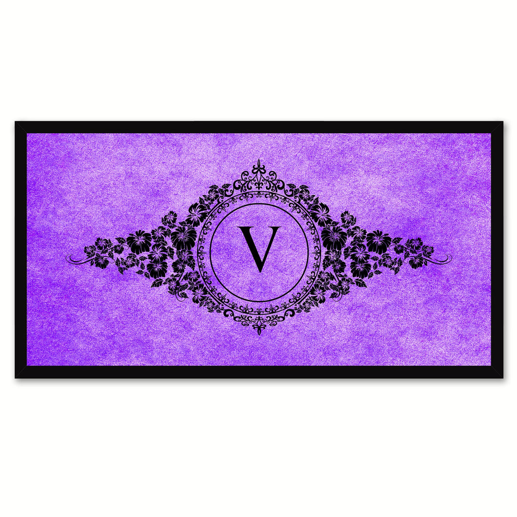 Alphabet Letter V Purple Canvas Print, Black Custom Frame