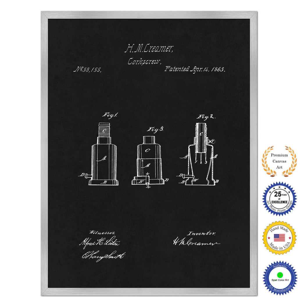 1863 Wine Corkscrew Old Patent Art Print on Canvas Custom Framed Vintage Home Decor Wall Decoration Great for Gifts