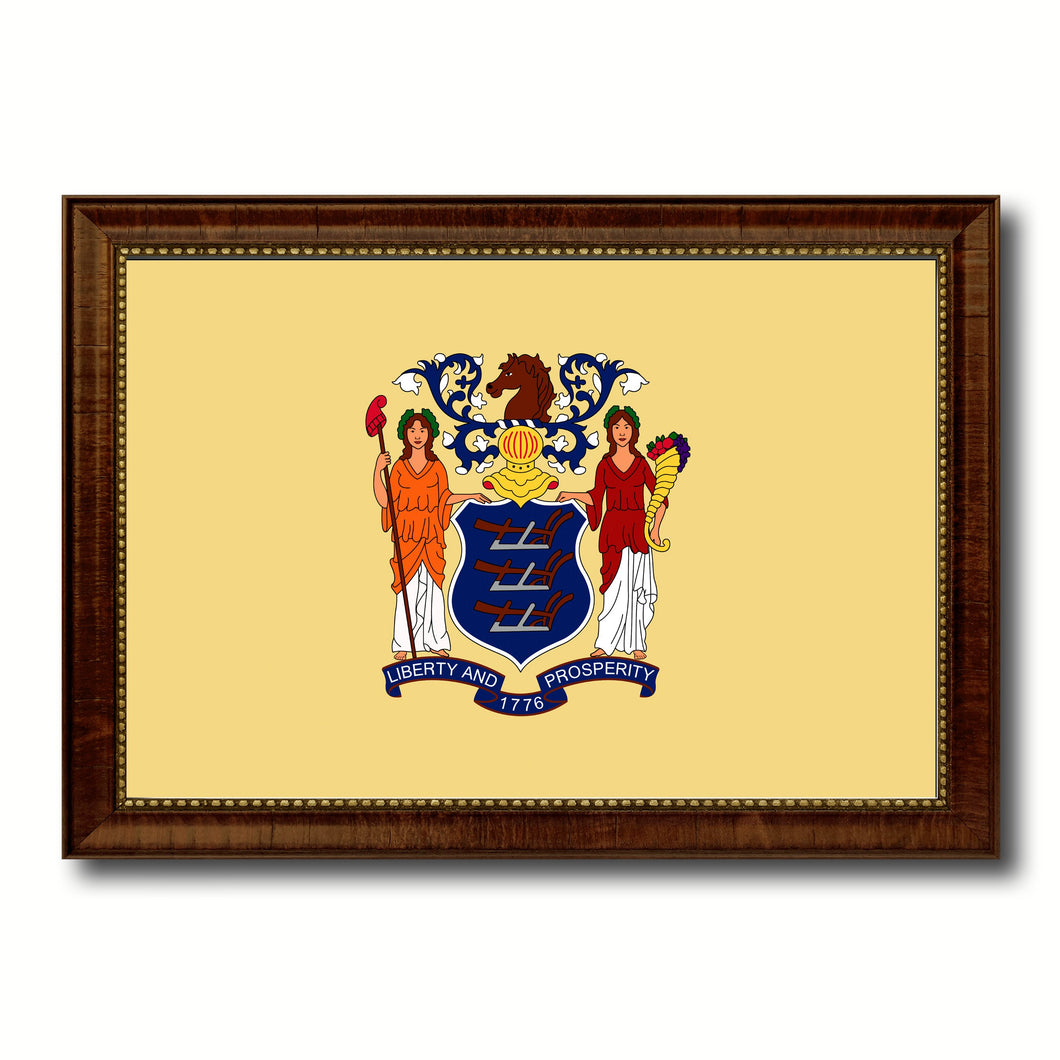 New Jersey State Flag Canvas Print with Custom Brown Picture Frame Home Decor Wall Art Decoration Gifts