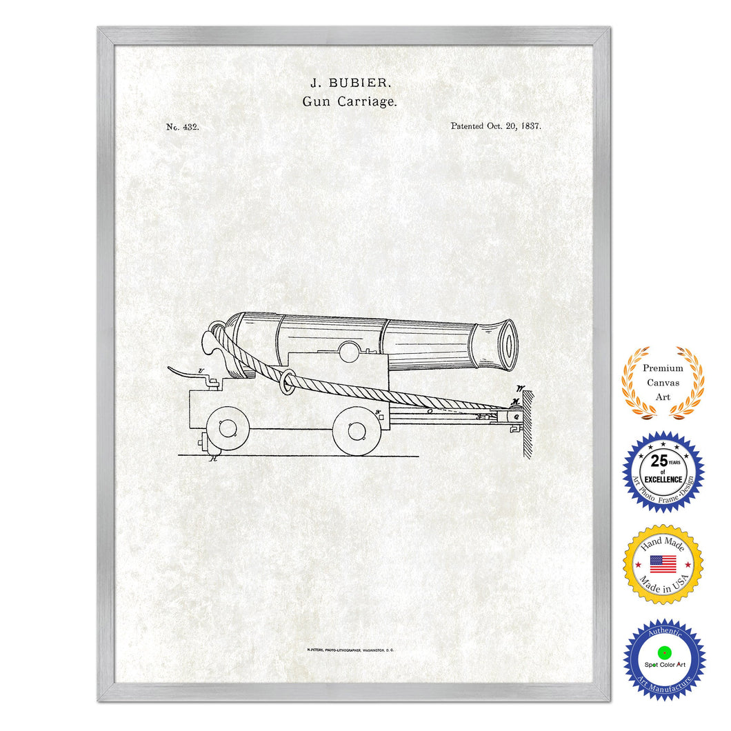 1837 Gun Carriage Old Patent Art Print on Canvas Custom Framed Vintage Home Decor Wall Decoration Great for Gifts