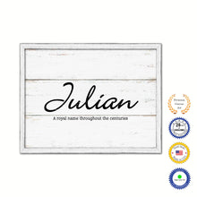 Load image into Gallery viewer, Julian Name Plate White Wash Wood Frame Canvas Print Boutique Cottage Decor Shabby Chic
