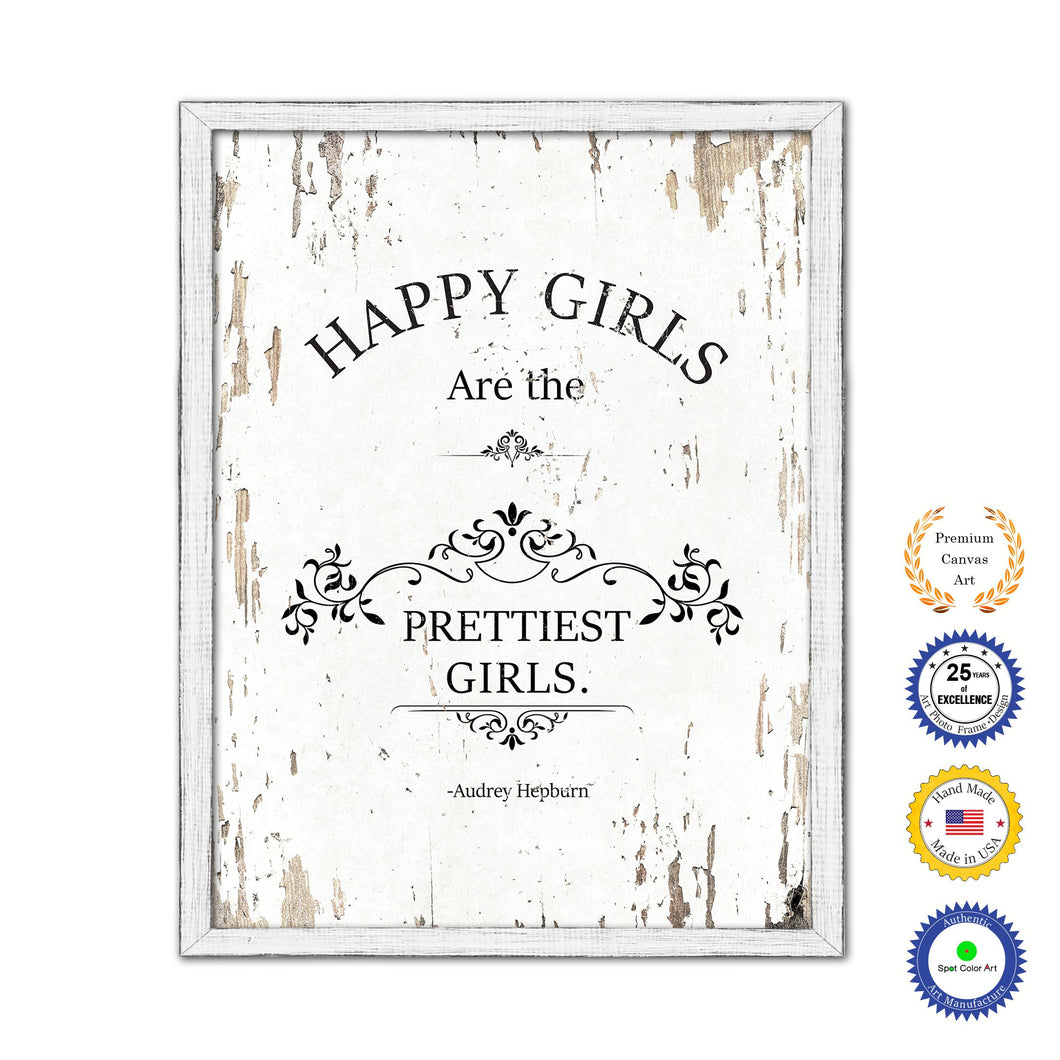 Happy girls are the prettiest girls - Audrey Hepburn Vintage Saying Gifts Home Decor Wall Art Canvas Print with Custom Picture Frame, White Wash