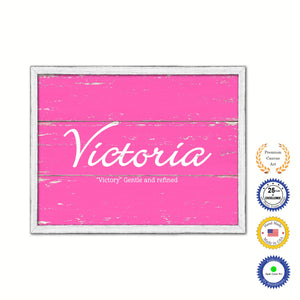 Victoria Name Plate White Wash Wood Frame Canvas Print Boutique Cottage Decor Shabby Chic