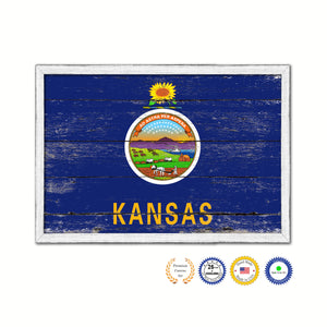 Kansas State Flag Shabby Chic Gifts Home Decor Wall Art Canvas Print, White Wash Wood Frame