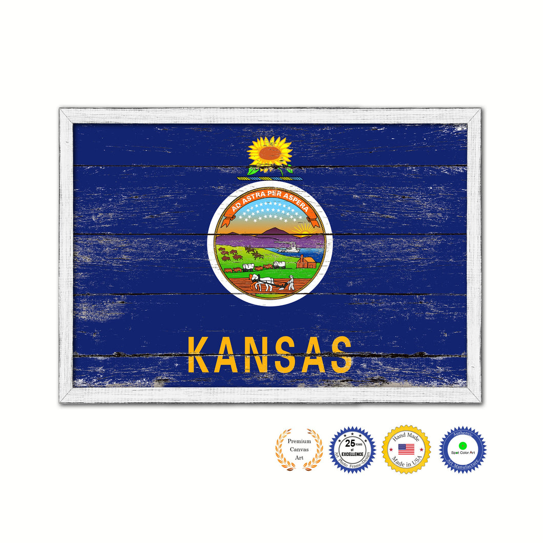 Kansas State Flag Shabby Chic Gifts Home Decor Wall Art Canvas Print, White Wash Wood Frame