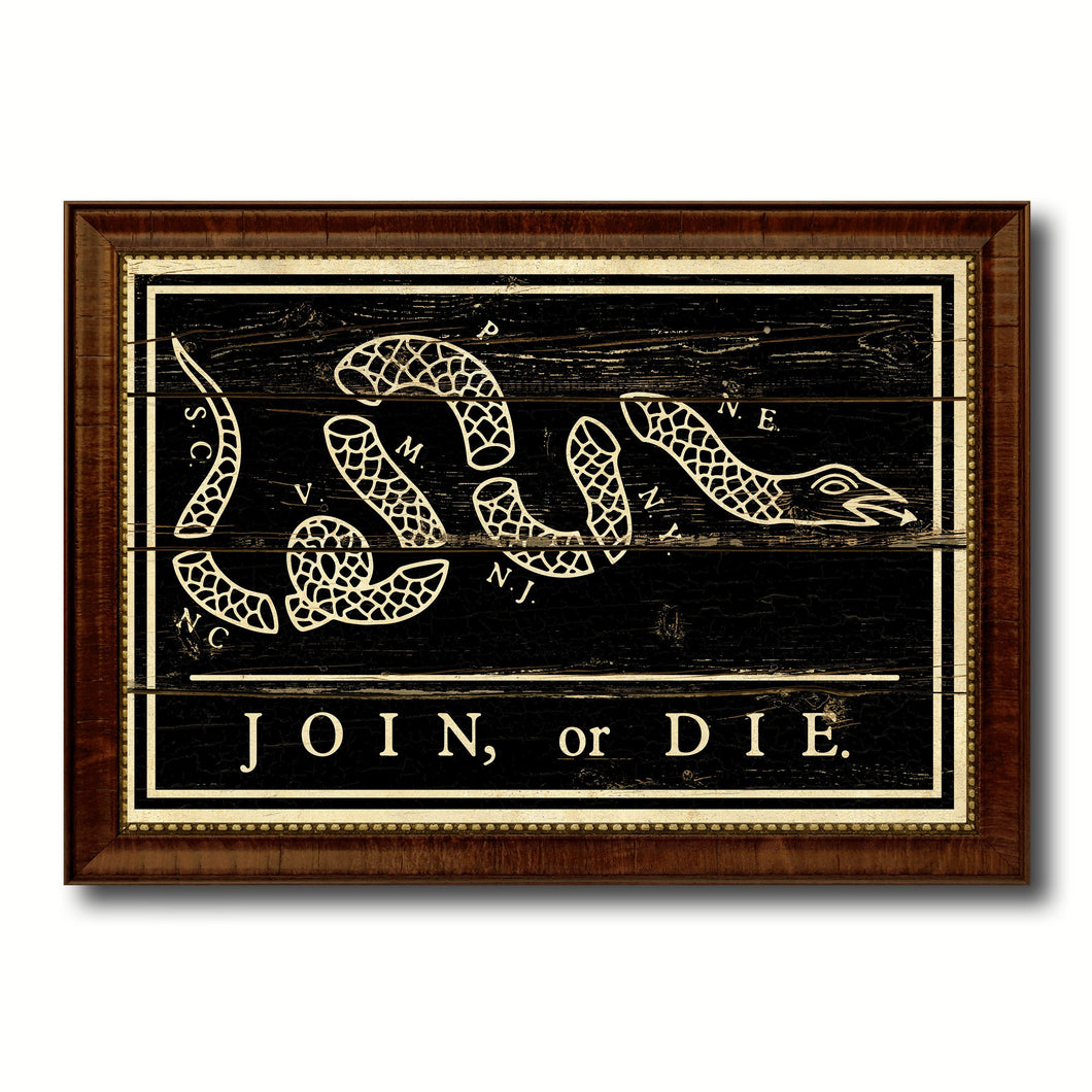 US Join or Die Snake Colonial Revolutionary War Military Flag Vintage Canvas Print with Brown Picture Frame Gifts Ideas Home Decor Wall Art Decoration