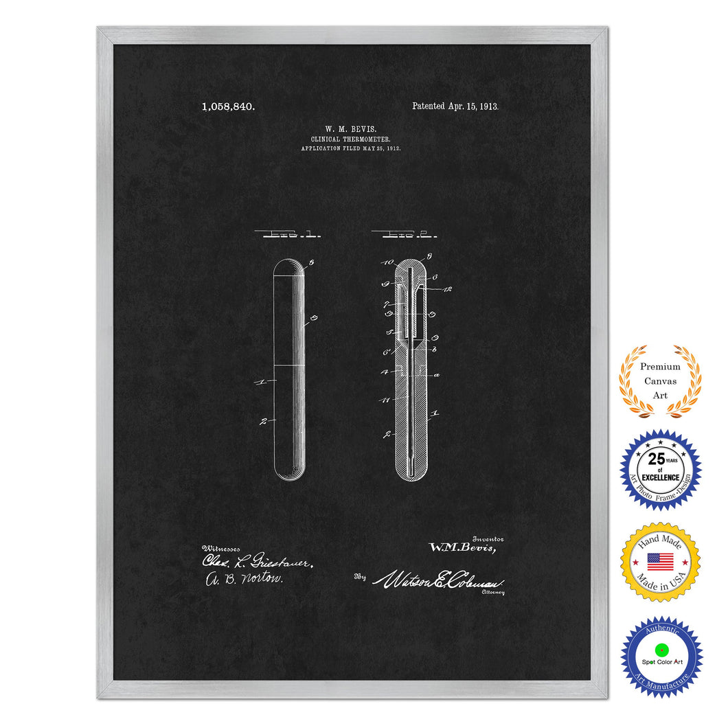 1913 Doctor Clinical Thermometer Antique Patent Artwork Silver Framed Canvas Home Office Decor Great for Doctor Paramedic Surgeon Hospital Medical Student