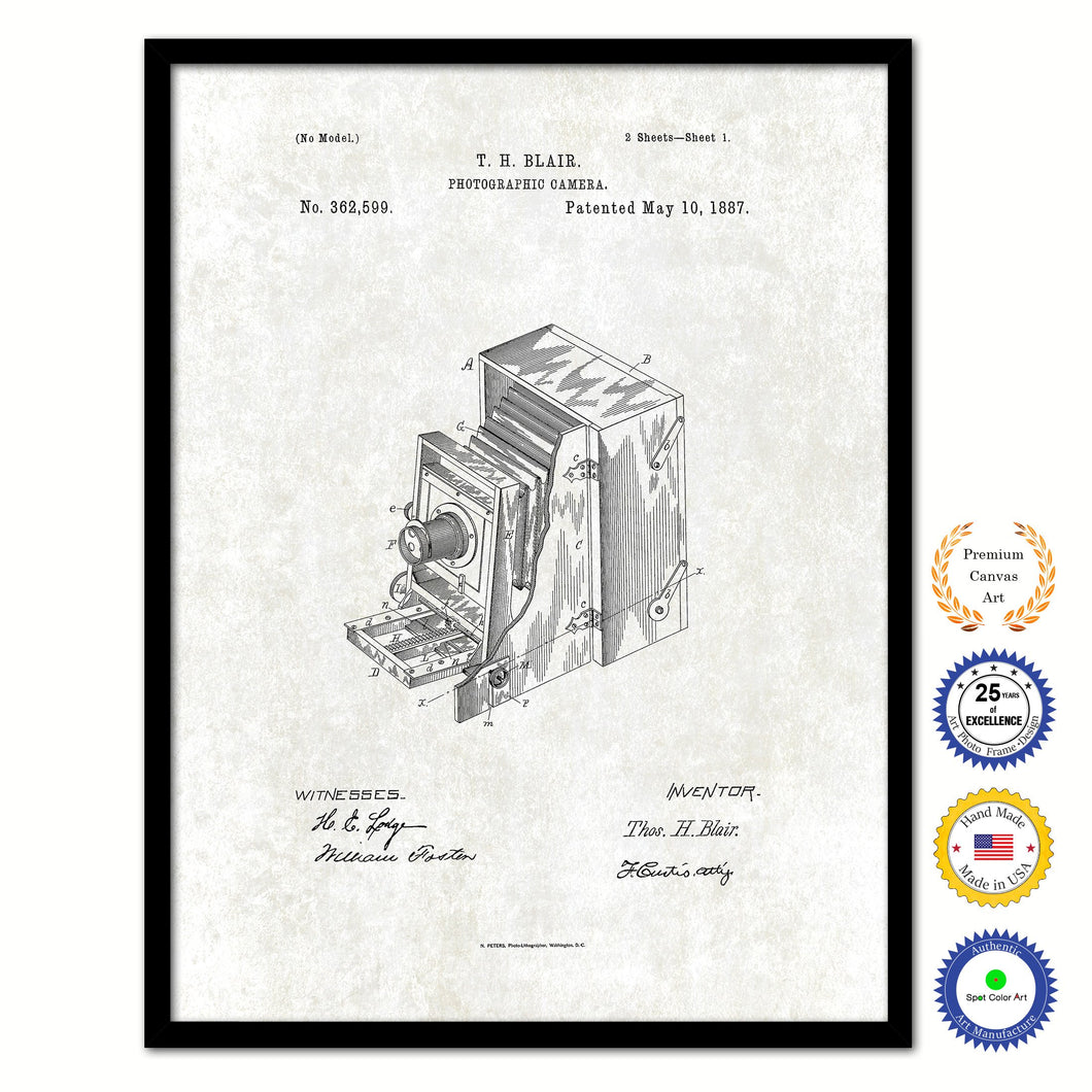 1887 Photographic Camera Vintage Patent Artwork Black Framed Canvas Print Home Office Decor Great Gift for Photographer