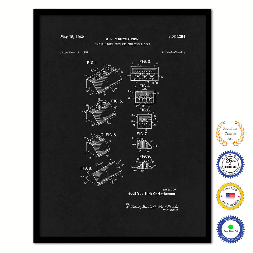 1962 Legos Building Sets and Blocks Old Patent Art Print on Canvas Custom Framed Vintage Home Decor Wall Decoration Great for Gifts
