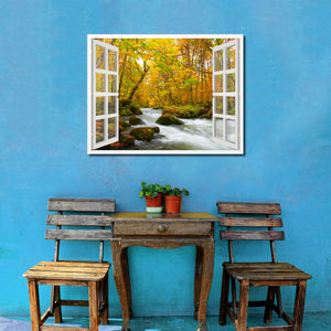Autumn River Picture French Window Framed Canvas Print Home Decor Wall Art Collection