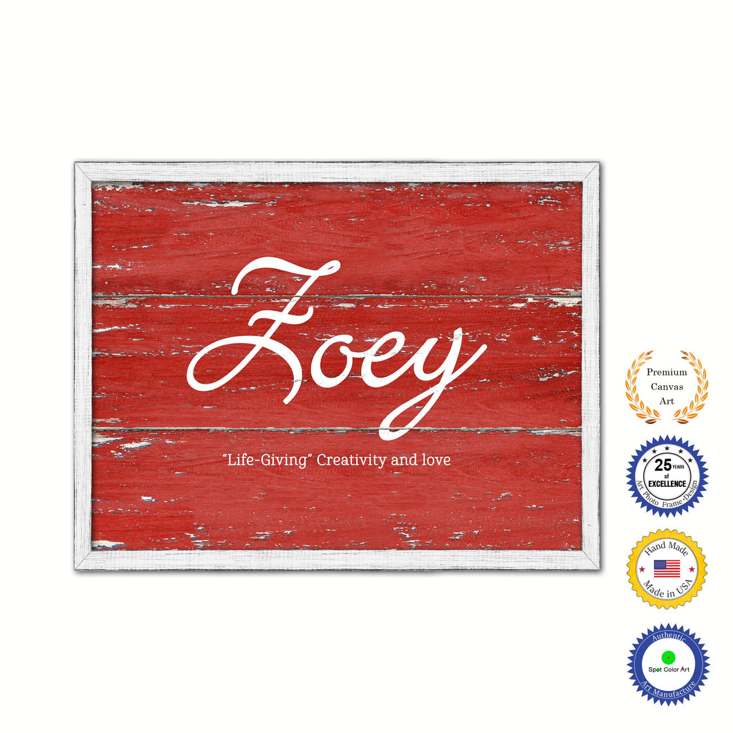 Zoey Name Plate White Wash Wood Frame Canvas Print Boutique Cottage Decor Shabby Chic