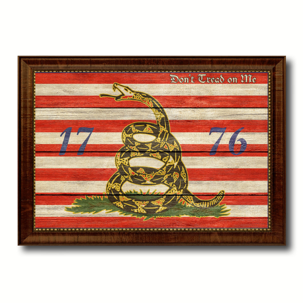 First Navy Jack Don't Tread On Me 1776 Tea Party Military Flag Texture Canvas Print with Brown Picture Frame Home Decor Wall Art Gifts