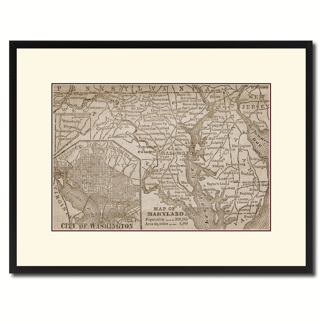 Maryland Vintage Sepia Map Canvas Print, Picture Frame Gifts Home Decor Wall Art Decoration