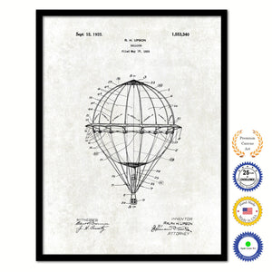 1925 Hot Air Balloon Vintage Patent Artwork Black Framed Canvas Print Home Office Decor Great Gift for Hot Air Balloon Lover
