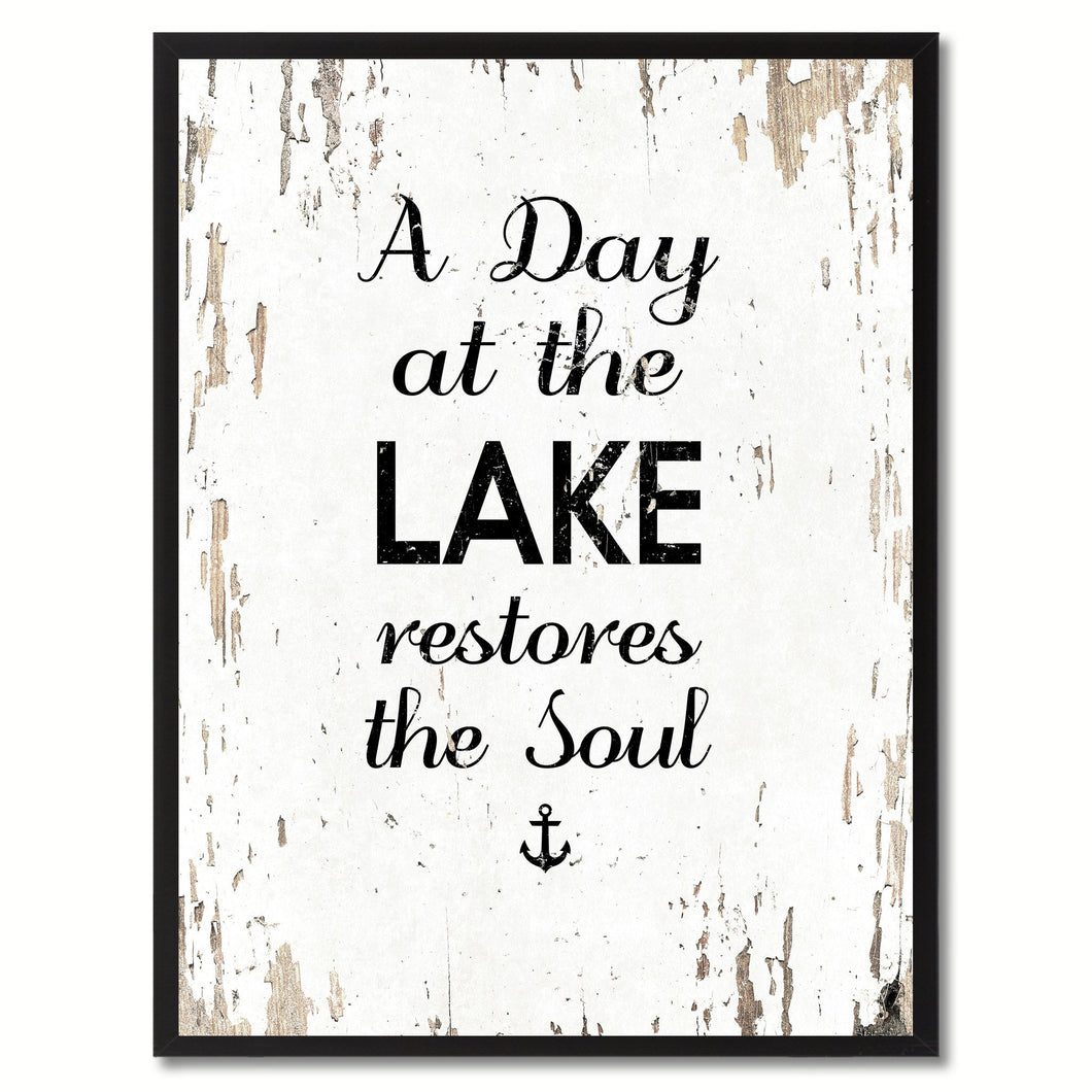 A Day At The Lake Restores The Soul Saying Canvas Print, Black Picture Frame Home Decor Wall Art Gifts