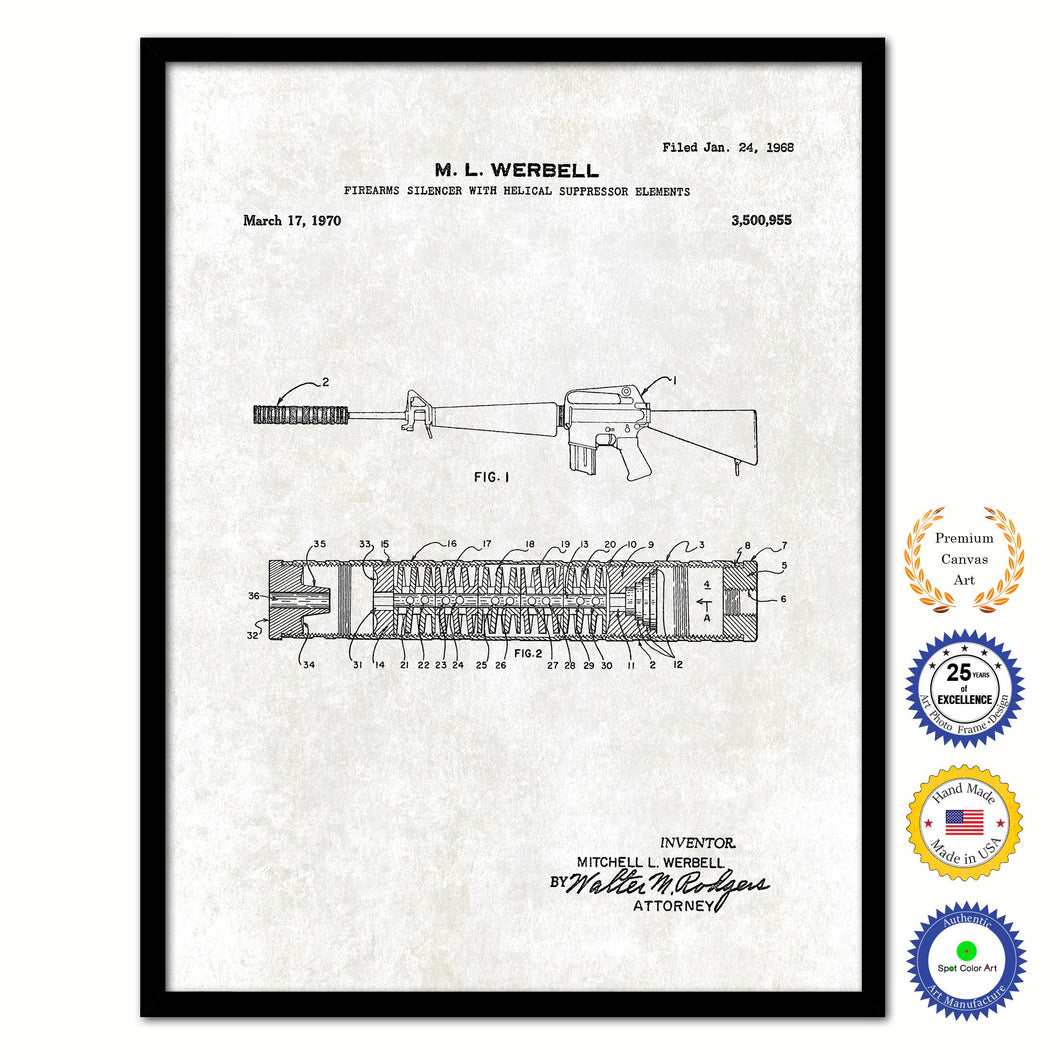 1970 Firearms Silencer for Machine Gun Old Patent Art Print on Canvas Custom Framed Vintage Home Decor Wall Decoration Great for Gifts