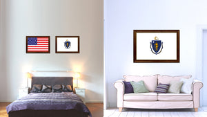 Massachusetts State Flag Canvas Print with Custom Brown Picture Frame Home Decor Wall Art Decoration Gifts