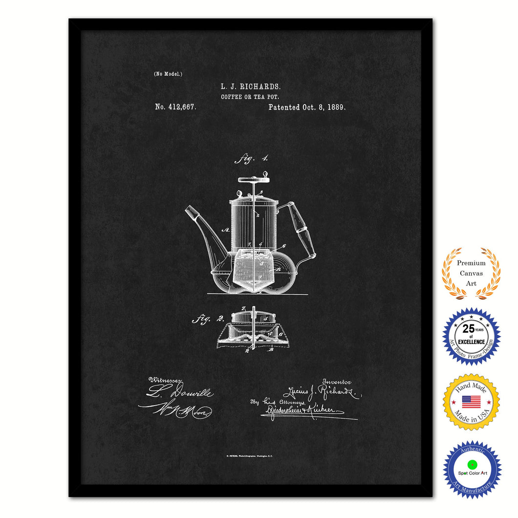 1889 Coffee or Tea Pot Vintage Patent Artwork Black Framed Canvas Home Office Decor Great for Coffee Lover Cafe Tea Shop