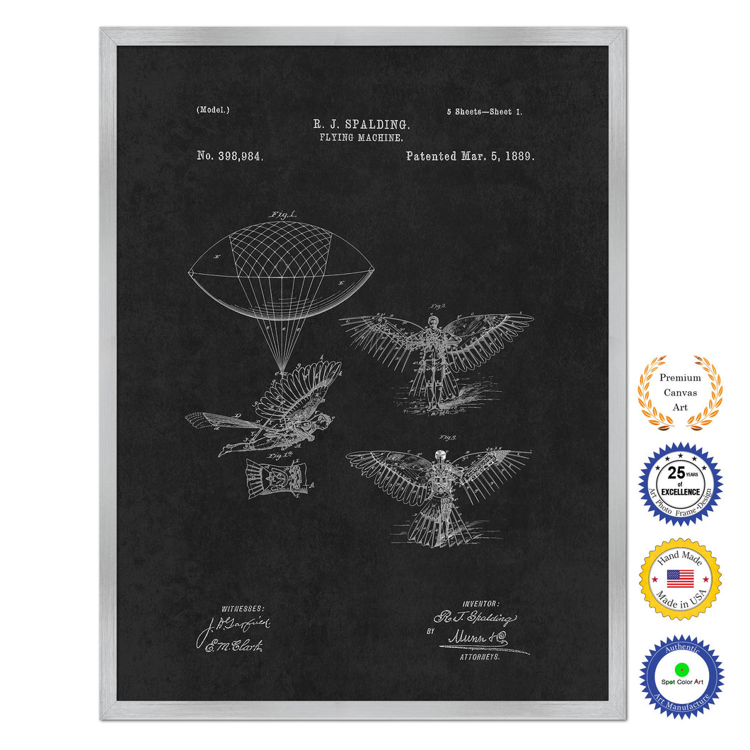 1889 Flying Machine Antique Patent Artwork Silver Framed Canvas Home Office Decor Great for Pilot Gift