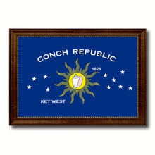 Load image into Gallery viewer, Conch Republic Key West City Florida State Flag Canvas Print Brown Picture Frame
