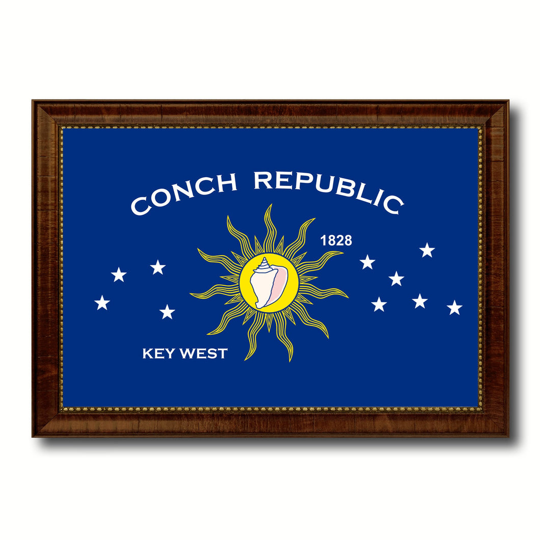 Conch Republic Key West City Florida State Flag Canvas Print Brown Picture Frame