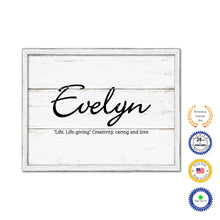 Load image into Gallery viewer, Evelyn Name Plate White Wash Wood Frame Canvas Print Boutique Cottage Decor Shabby Chic
