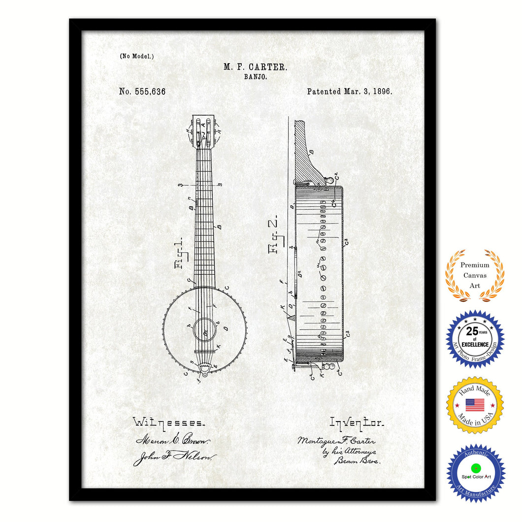 1896 Banjo Old Patent Art Print on Canvas Custom Framed Vintage Home Decor Wall Decoration Great for Gifts