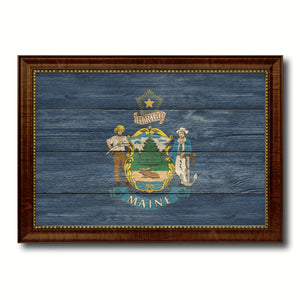 Maine State Flag Texture Canvas Print with Brown Picture Frame Gifts Home Decor Wall Art Collectible Decoration