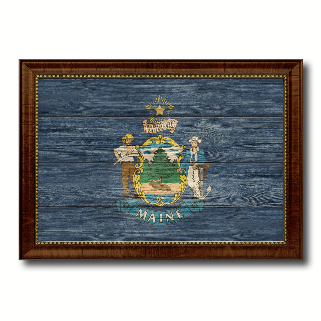 Maine State Flag Texture Canvas Print with Brown Picture Frame Gifts Home Decor Wall Art Collectible Decoration