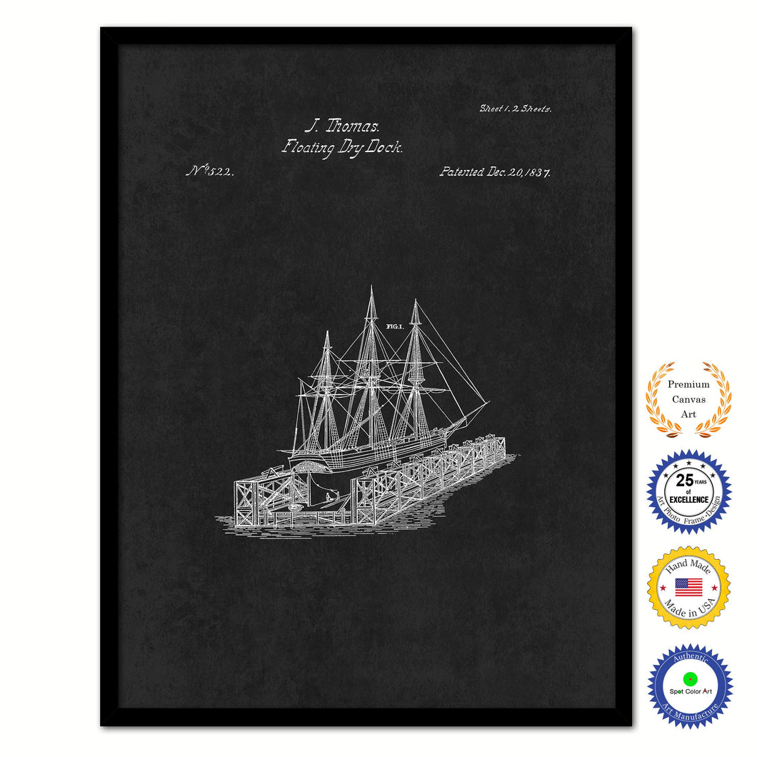 1837 Floating Dock Old Patent Art Print on Canvas Custom Framed Vintage Home Decor Wall Decoration Great for Gifts