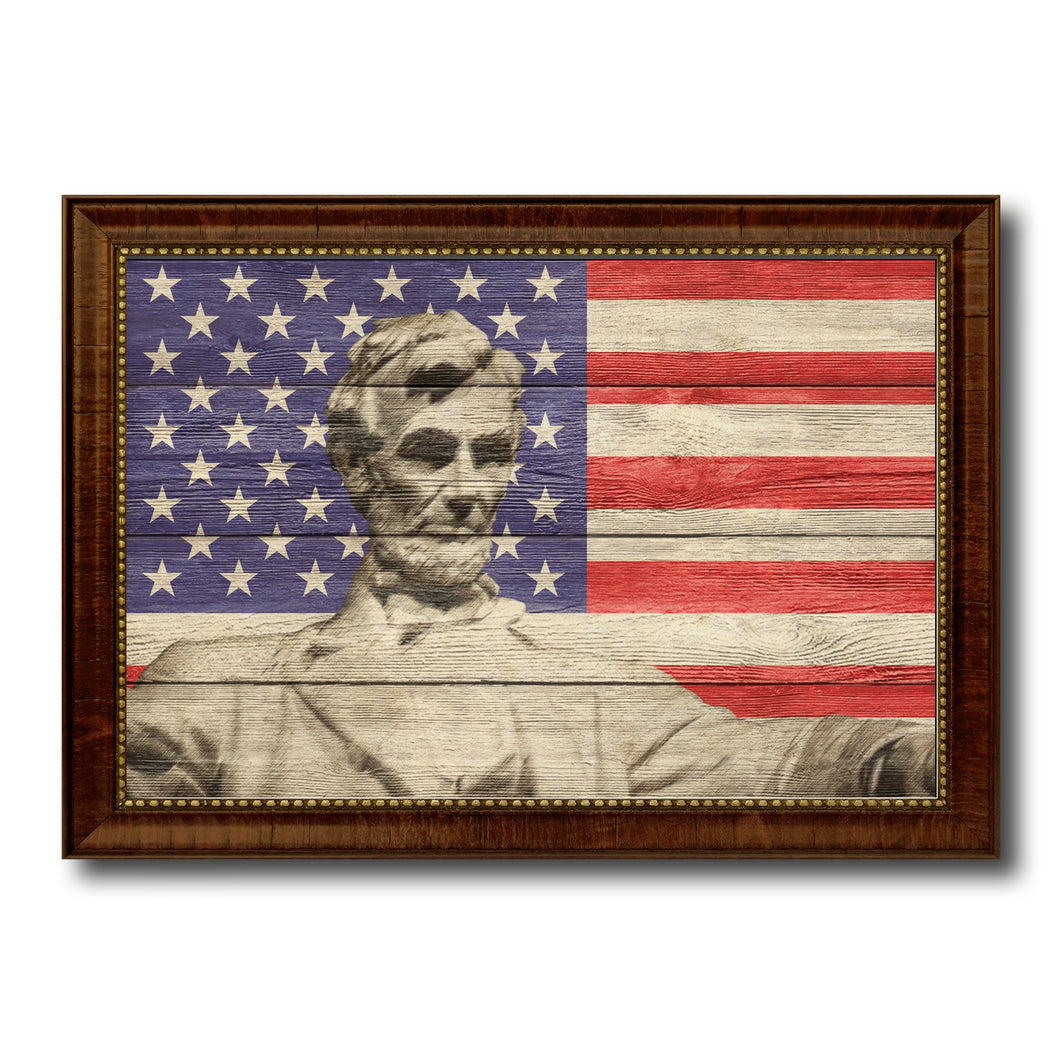 USA Abraham Lincoln Memorial American Flag Texture Canvas Print with Brown Picture Frame Gifts Home Decor Wall Art Collectible Decoration Artwork